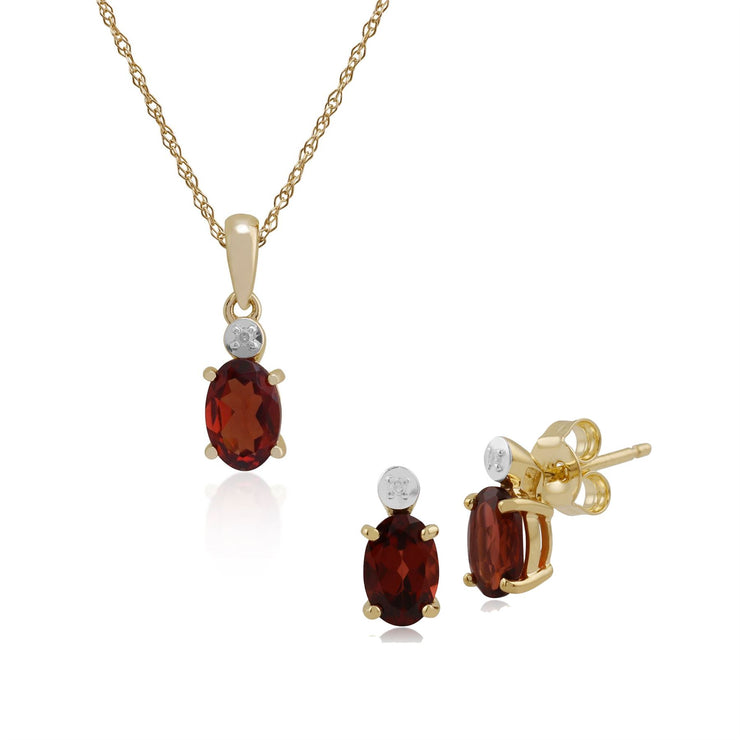 Pendentif et Boucles d'Oreilles Clou Classique Or Jaune 375 Grenat Oval et Diamant
