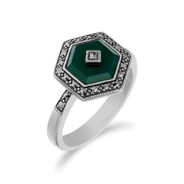 Gemondo Femmes Argent Sterling Teinté Calcédoine et Marcassite Hexagone Bague - Calcédoine