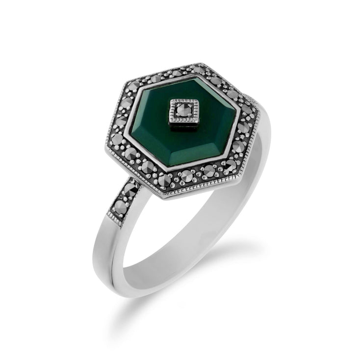 Gemondo Femmes Argent Sterling Teinté Calcédoine et Marcassite Hexagone Bague - Calcédoine