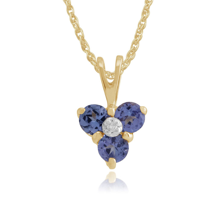 Boucles d'Oreilles Clou et Pendentif Floral Or Jaune 375 Tanzanite et Diamant