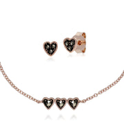 Boucles d'Oreilles Clou Cœur et Bracelet Trois Cœurs Argent 925 Plaqué Or Rose Marcassite