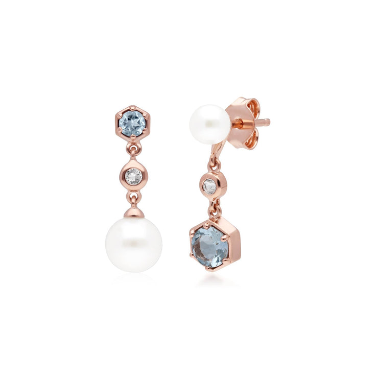 Boucles d'Oreilles Pendantes Asymétriques Perle Moderne Argent 925 Plaqué Or Perle, Aigue-Marine et Topaze