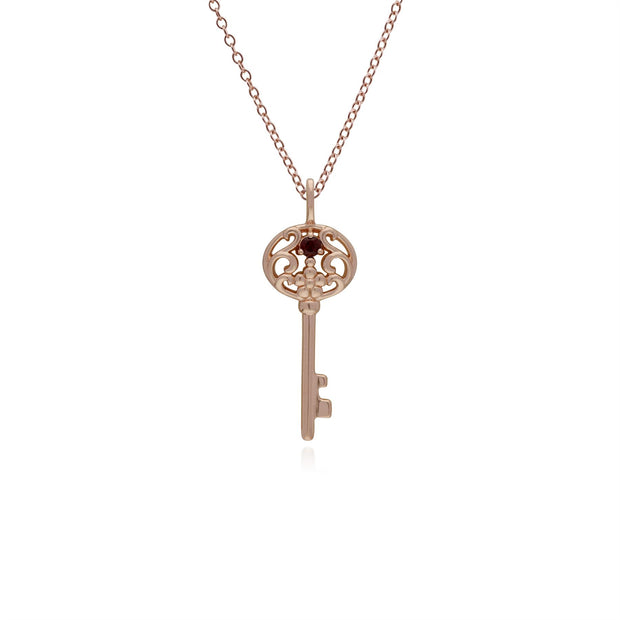 Pendentif Classique Cadenas Cœur Argent 925 Plaqué Or Rose et Charms Grande Clé Grenat