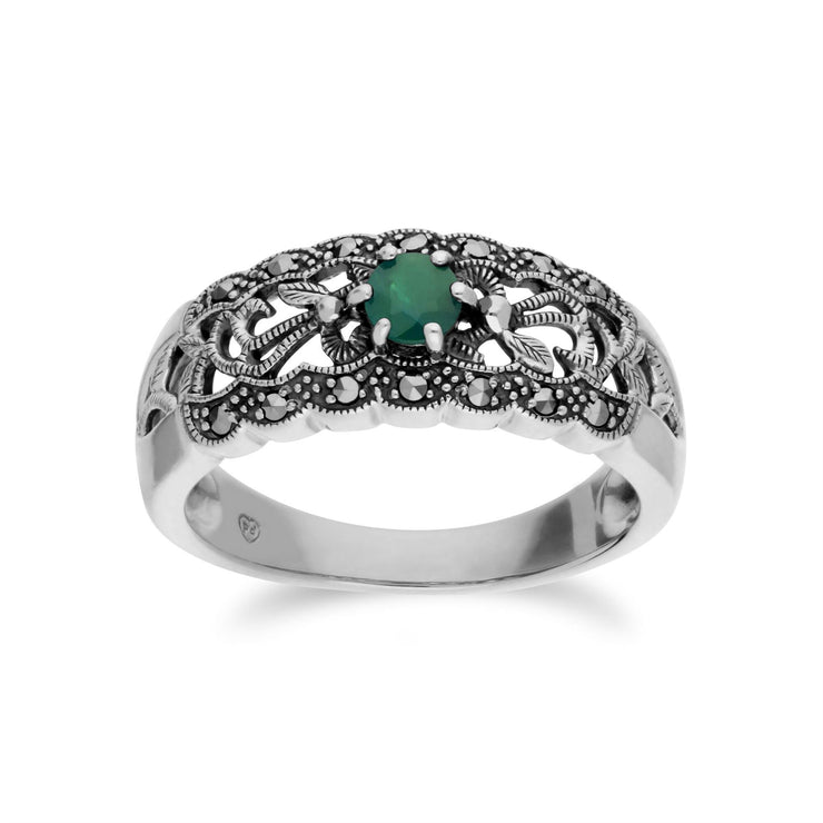 Gemondo Émeraude Bague, Argent Sterling Émeraude & Marcassite Simple Art Nouveau Bague - Émeraude