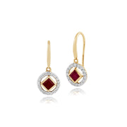 Collier et Boucles d'Oreilles Pendantes Or Jaune 375 Rubis Carré et Diamant Halo