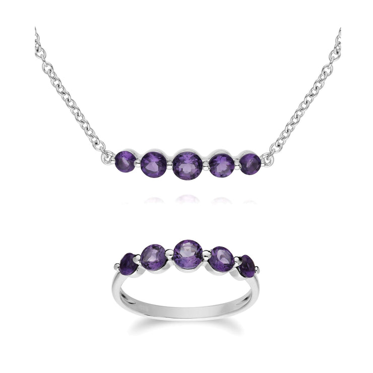 Bracelet et Bague Classique Argent 925 Améthyste Cinq Pierres