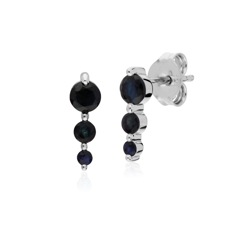 Argent Sterling Trois Pierres Saphir Rond Dégradé Boucles D'Oreilles