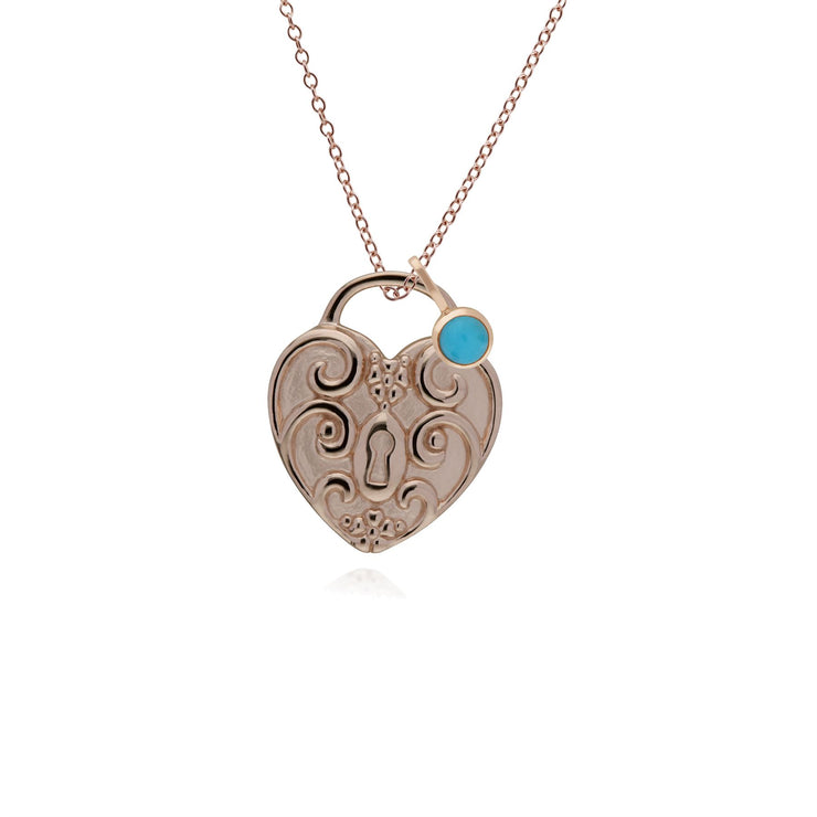 Pendentif Classique Cadenas Cœur Torsadé Argent 925 Plaqué Or Rose et Charms Turquoise