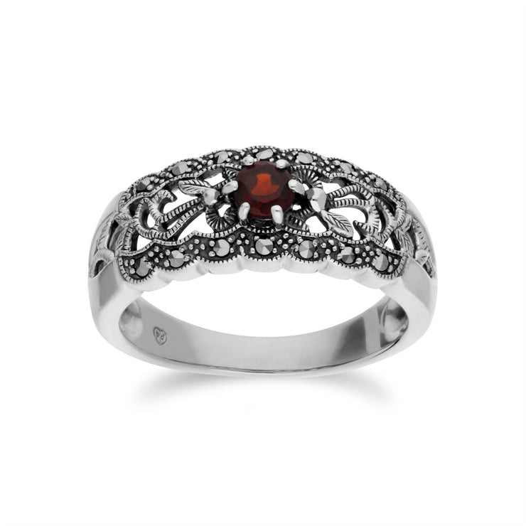 Gemondo Grenade Bague, Argent Sterling Grenade & Marcassite Simple Art Nouveau Bague - Grenat