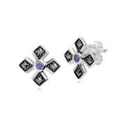 Boucles d'Oreilles Clou Croix Gothique Style Art Déco Argent 925 Tanzanite et Marcassite