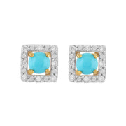 Boucles d'Oreilles Clou Turquoise Classique Or Jaune 375 et Ear-Jacket Carré Diamant