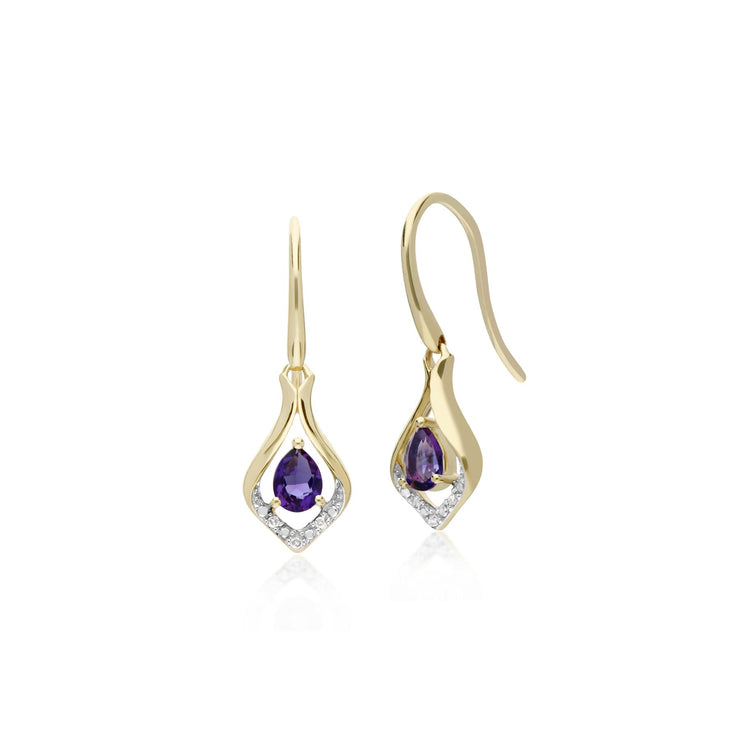 Am�thyste Boucles D'Oreilles, 9 CT or Jaune Am�thyste & Diamant Feuille Boucles D'Oreilles Goutte