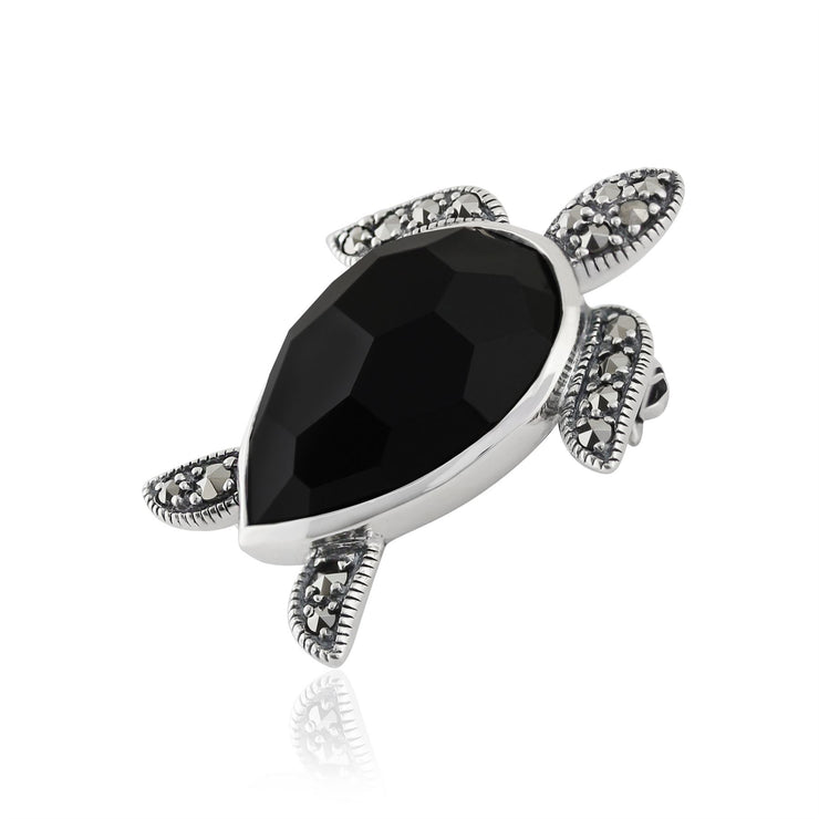 Broche Tortue Style Art Nouveau Argent 925 Onyx Poire et Marcassite