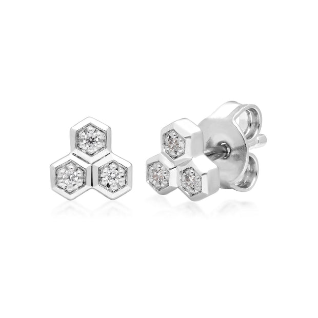 Boucles d'Oreilles Clou Géométrique Trilogie Or Blanc 375 Diamant