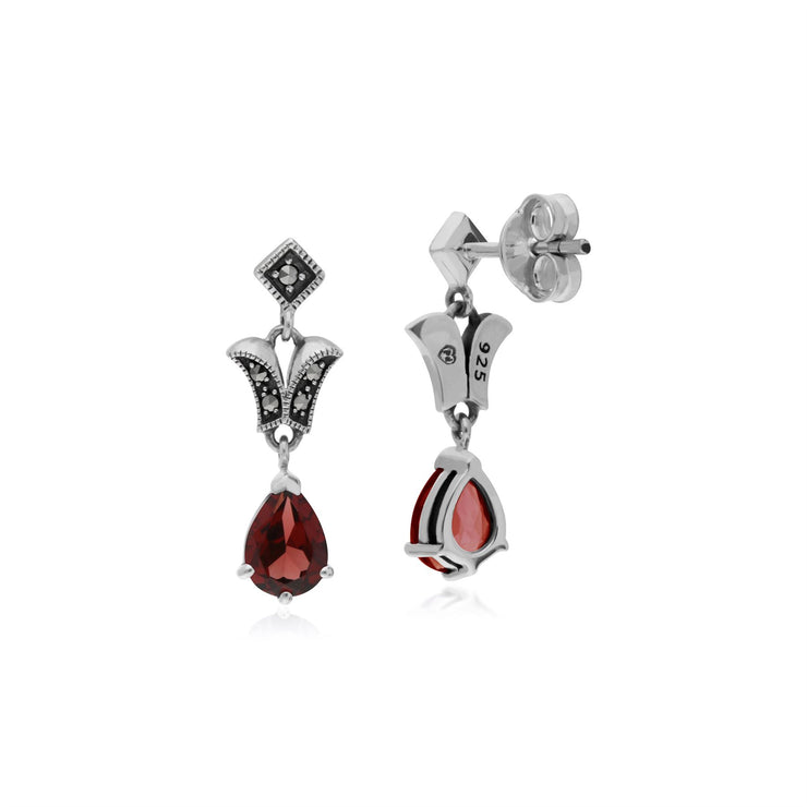 Boucles D'Oreilles Style Art Nouveau en Argent Sterling avec Grenade Poire & Marcassite