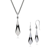 Pendentif et Boucles d'Oreilles Pendantes Eventail Style Art Déco Argent 925 Email Noir et Blanc