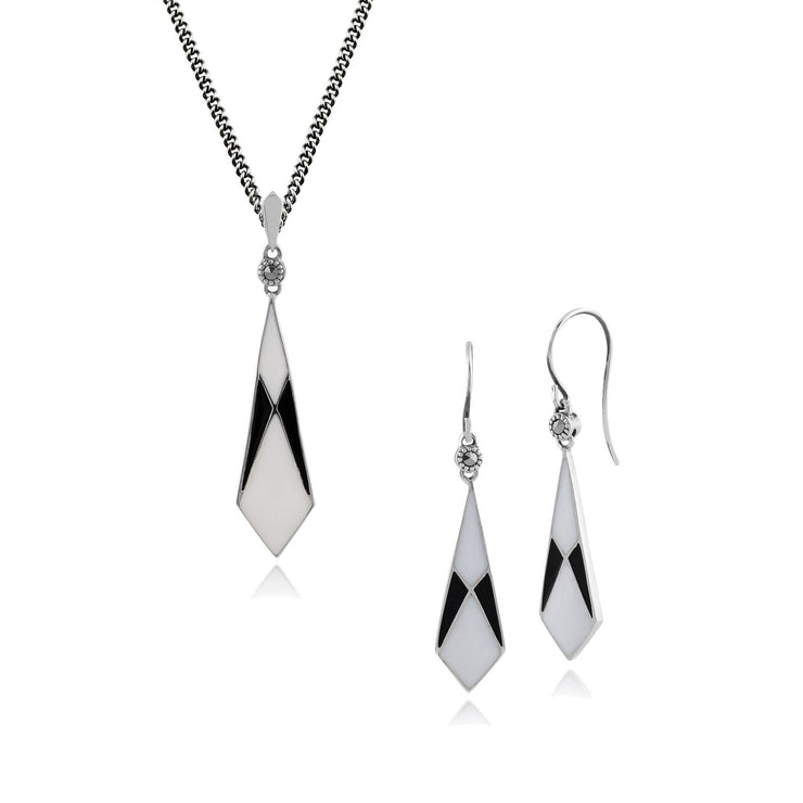 Pendentif et Boucles d'Oreilles Pendantes Eventail Style Art Déco Argent 925 Email Noir et Blanc