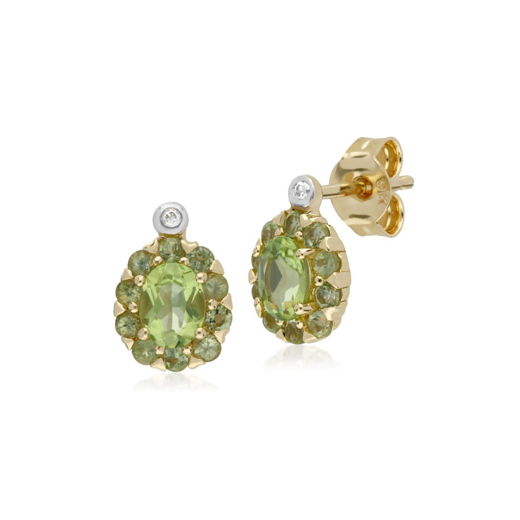 Boucles d'Oreilles Clou et Pendentif Classique Or Jaune 375 Péridot et Diamant Cluster