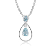 Boucles d'Oreilles Pendantes et Pendentif Classique Or Blanc 375 Topaze Bleue Poire Halo