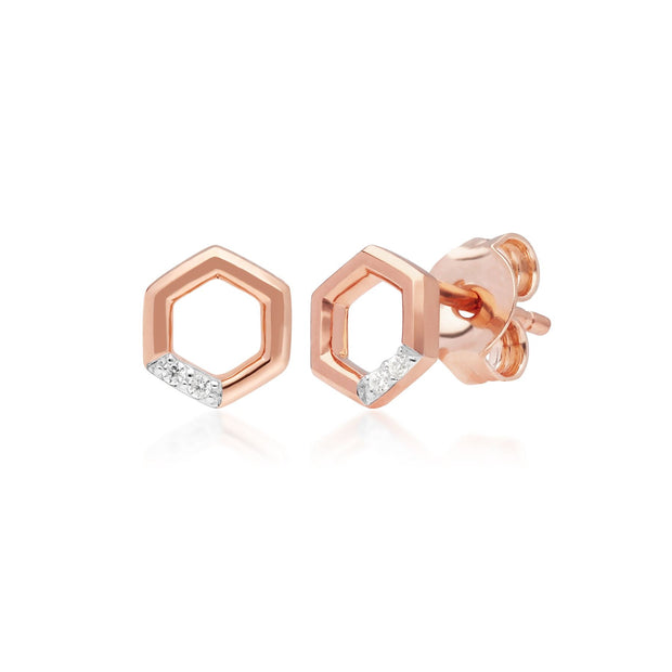 Boucles d'Oreilles Clou Hexagone Pavé Diamant Or Rose 375