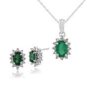 Pendentif et Boucles d'Oreilles Clou Classique Or Blanc 375 Emeraude Oval et Diamant halo