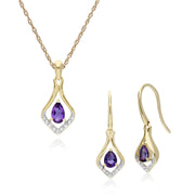 Boucles d'Oreilles Dormeuses et Pendentif Feuille Classique Or Jaune 375 Améthyste et Diamant