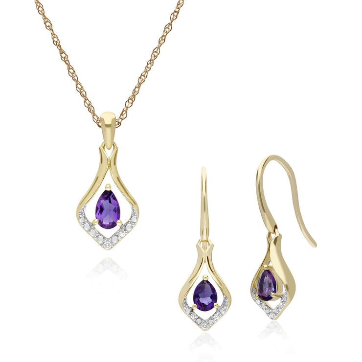 Boucles d'Oreilles Dormeuses et Pendentif Feuille Classique Or Jaune 375 Améthyste et Diamant