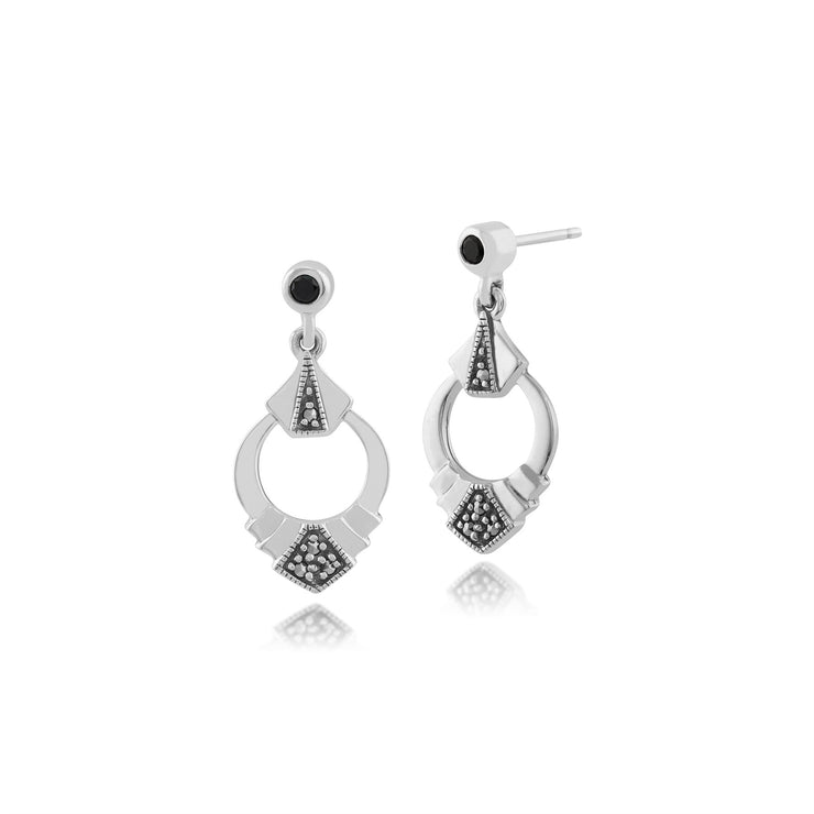 Boucles d'Oreilles Pendantes Style Art Déco Argent 925 Spinelle Noir et Marcasite