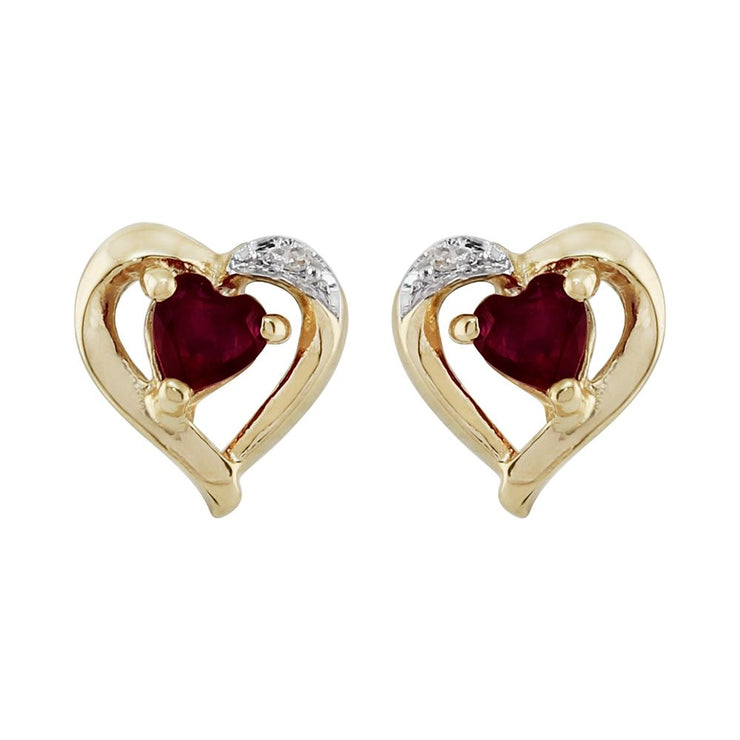 Pendentif et Boucles d'Oreilles Clou Cœur Classique Or Jaune 375 Grenat et Diamant