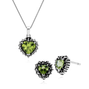 Pendentif et Boucles d'Oreilles Clou Cœur Style Art Déco Argent 925 Péridot et Marcassite