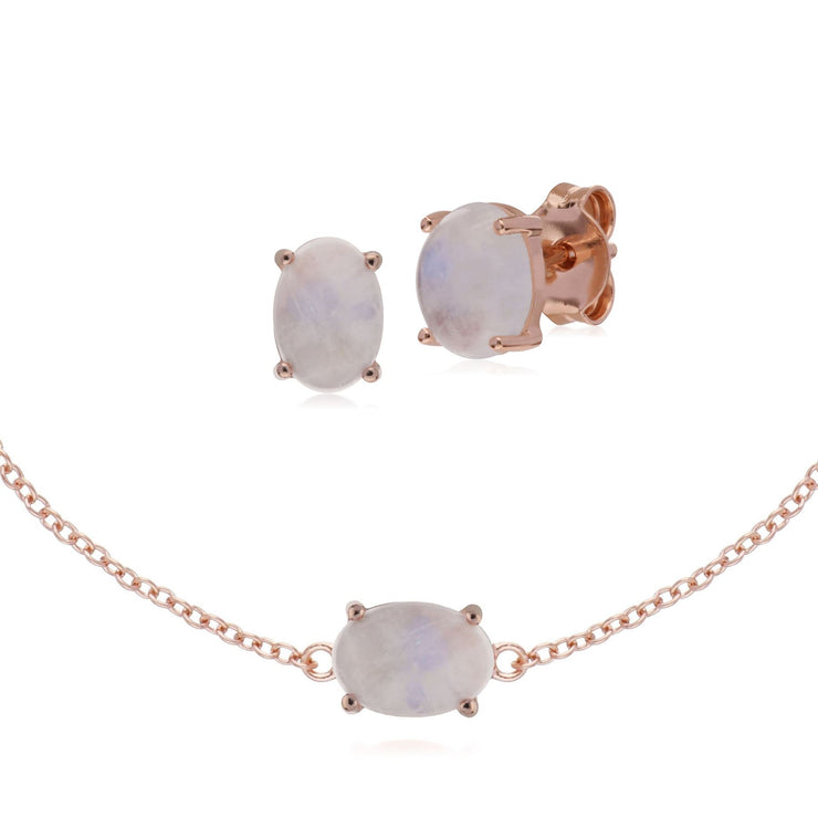 Bracelet et Boucles d'Oreilles Clou Classique Argent 925 Plaqué Or Rose Pierre de Lune Arc-en-Ciel Oval