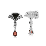 s Argent Sterling Poire Grenade, Onyx Noir et Marcassite Éventail Boucles D'Oreilles Goutte