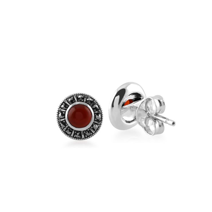 Boucles d'Oreilles Clou Style Art Déco Argent 925 Cornaline Ronde et Marcassite Halo