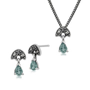Collier et Boucles d'Oreilles Clou Feuille Style Art Déco Argent 925 Aigue-Marine Poire et Marcassite