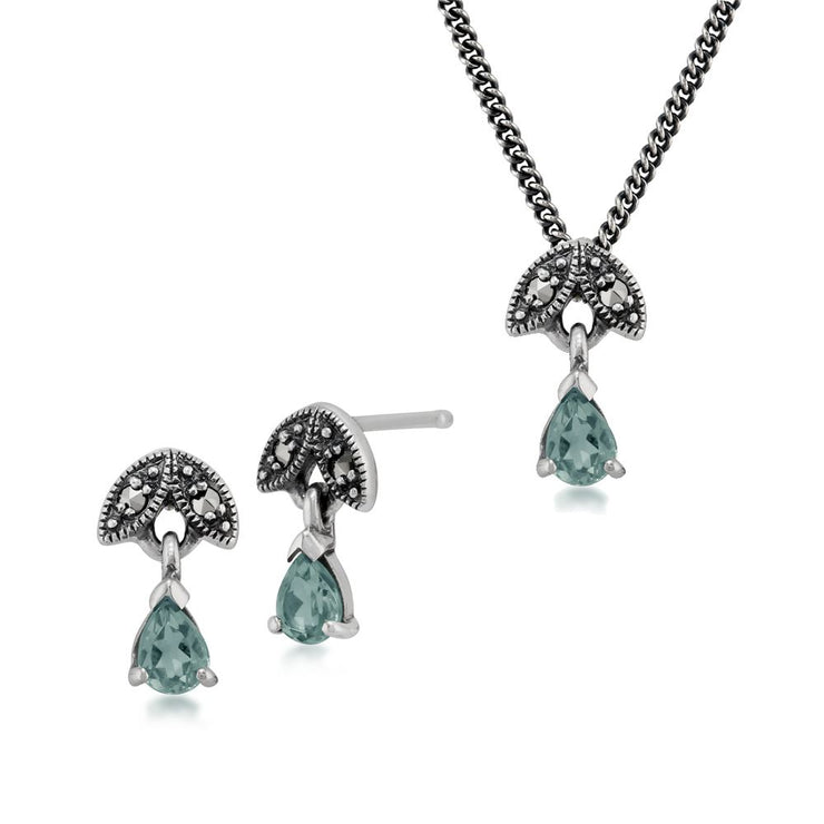 Collier et Boucles d'Oreilles Clou Feuille Style Art Déco Argent 925 Aigue-Marine Poire et Marcassite