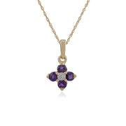 Pendentif et Boucles d'Oreilles Clou Floral Or Jaune 375 Améthyste et Diamant Ruban