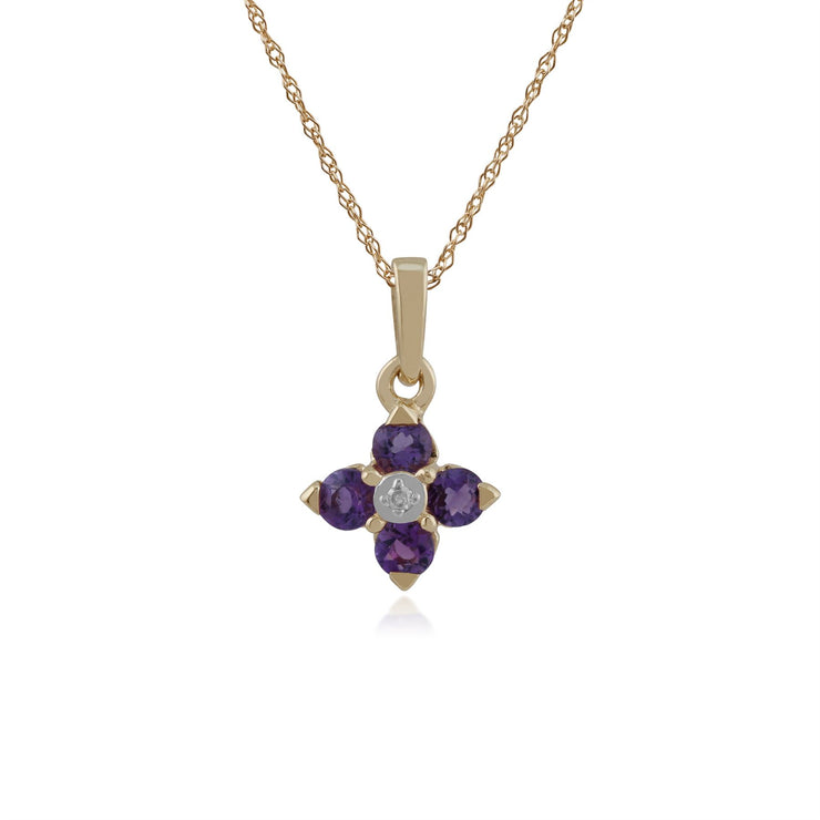Pendentif et Boucles d'Oreilles Clou Floral Or Jaune 375 Améthyste et Diamant Ruban