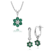 Pendentif et Boucles d'Oreilles Pendantes Floral Or Blanc 375 Emeraude et Diamant