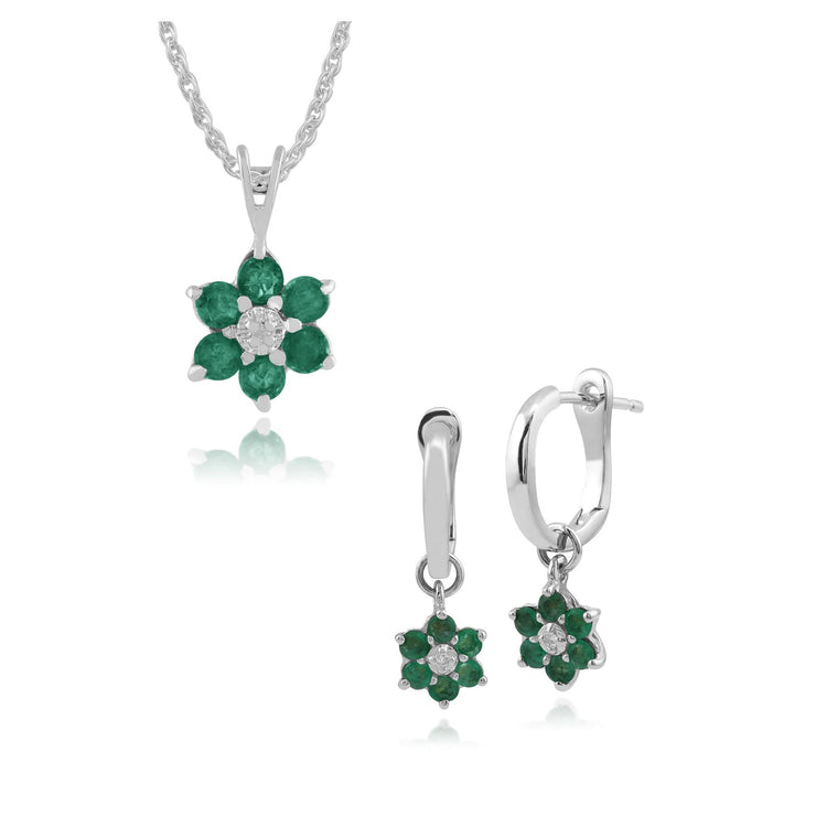 Pendentif et Boucles d'Oreilles Pendantes Floral Or Blanc 375 Emeraude et Diamant