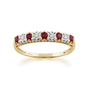 Boucles d'Oreilles Demi Créoles et Bague Demi-Eternité Classique Or Jaune 375 Rubis Rond et Diamant