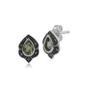 Boucles d'Oreilles Clou Style Art Nouveau Argent 925 Péridot Poire et Marcassite