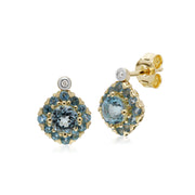 Boucles d'Oreilles Clou et Pendentif Carré Classique Or Jaune 375 Topaze Bleue et Diamant Cluster