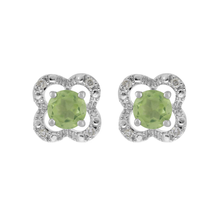 Boucles d'Oreilles Clou Péridot Classique Or Blanc 375 et Ear-Jacket Fleur Diamant