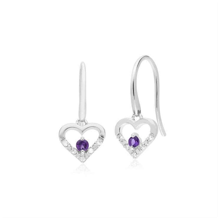 9 ct or Blanc Unique Améthyste & Diamant Boucles D'Oreilles Cœur Ouvert