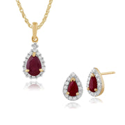 Pendentif et Boucles d'Oreilles Clou Classique Or Jaune 375 Rubis Poire et Diamant Halo