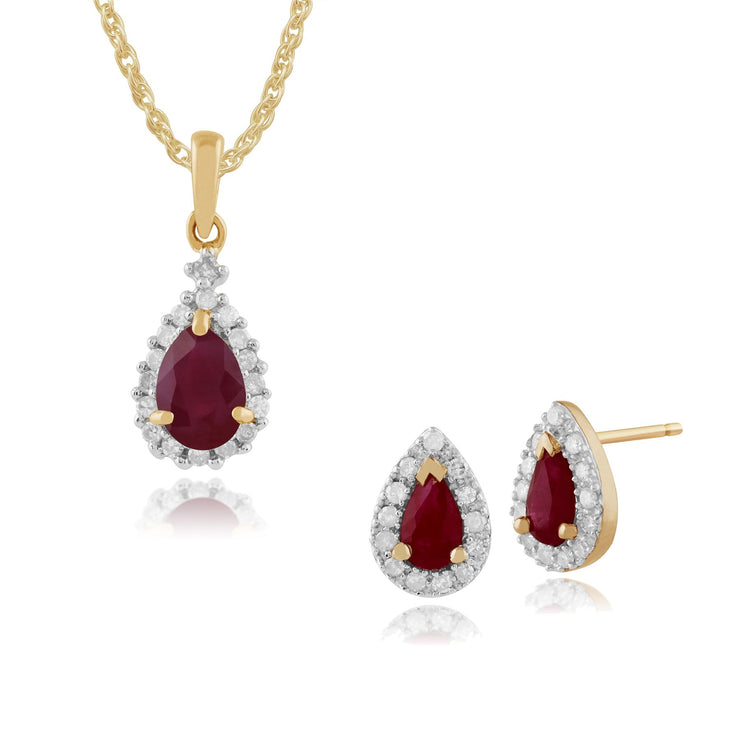 Pendentif et Boucles d'Oreilles Clou Classique Or Jaune 375 Rubis Poire et Diamant Halo