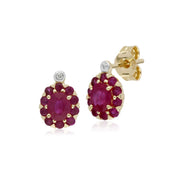 Boucles d'Oreilles Clou et Pendentif Classique Or Jaune 375 Rubis et Diamant Cluster