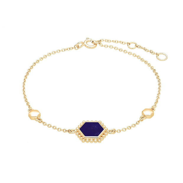 Bracelet Flat Slice Hexagone Argent 925 Plaqué Or Lapis Lazuli