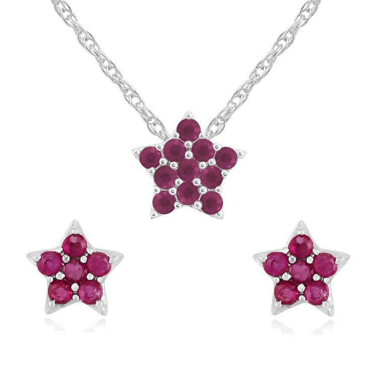 Pendentif et Boucles d'Oreilles Clou Star Or Blanc 375 Rubis Cluster