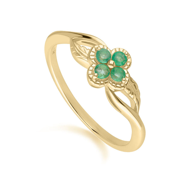 Bague Florale Or Jaune 375 avec Emeraude ronde